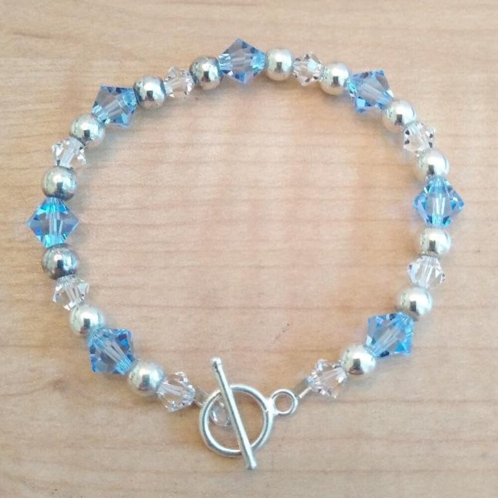 Sterling Silver 925 Sparkly Blue & Clear Crystal Bead Bracelet